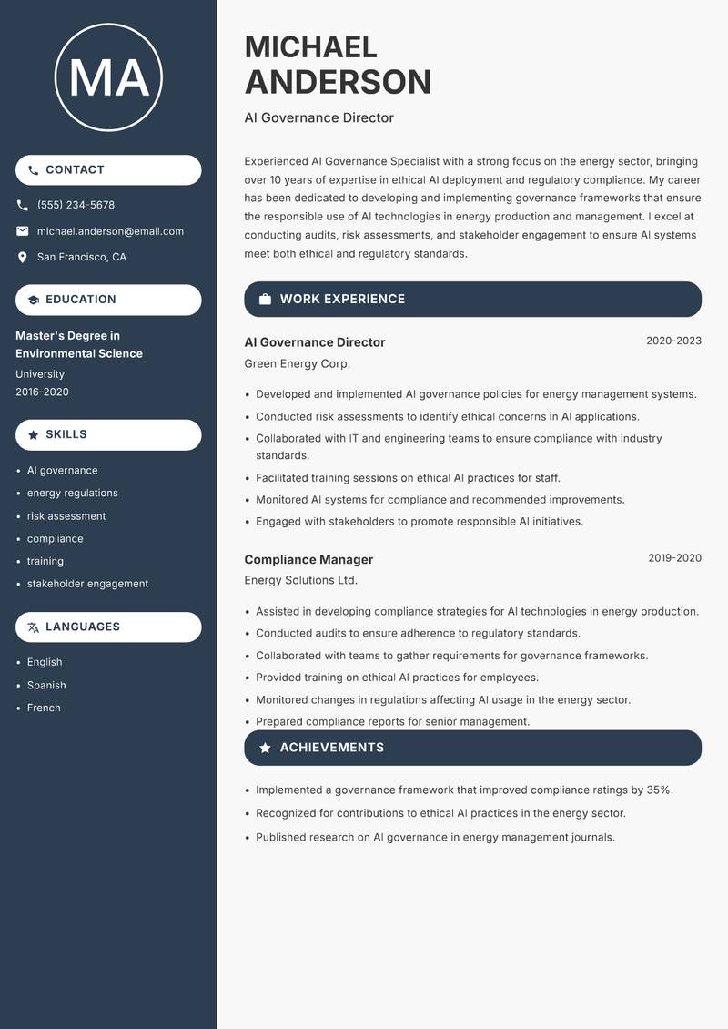 AI Governance Specialist resume template — Compact