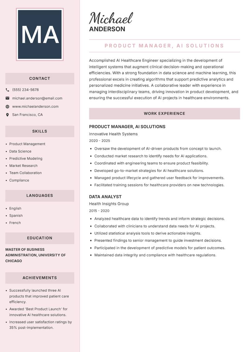 AI Healthcare Engineer resume template — Executive