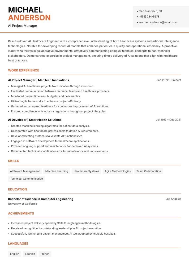 AI Healthcare Engineer resume template — Modern Professional