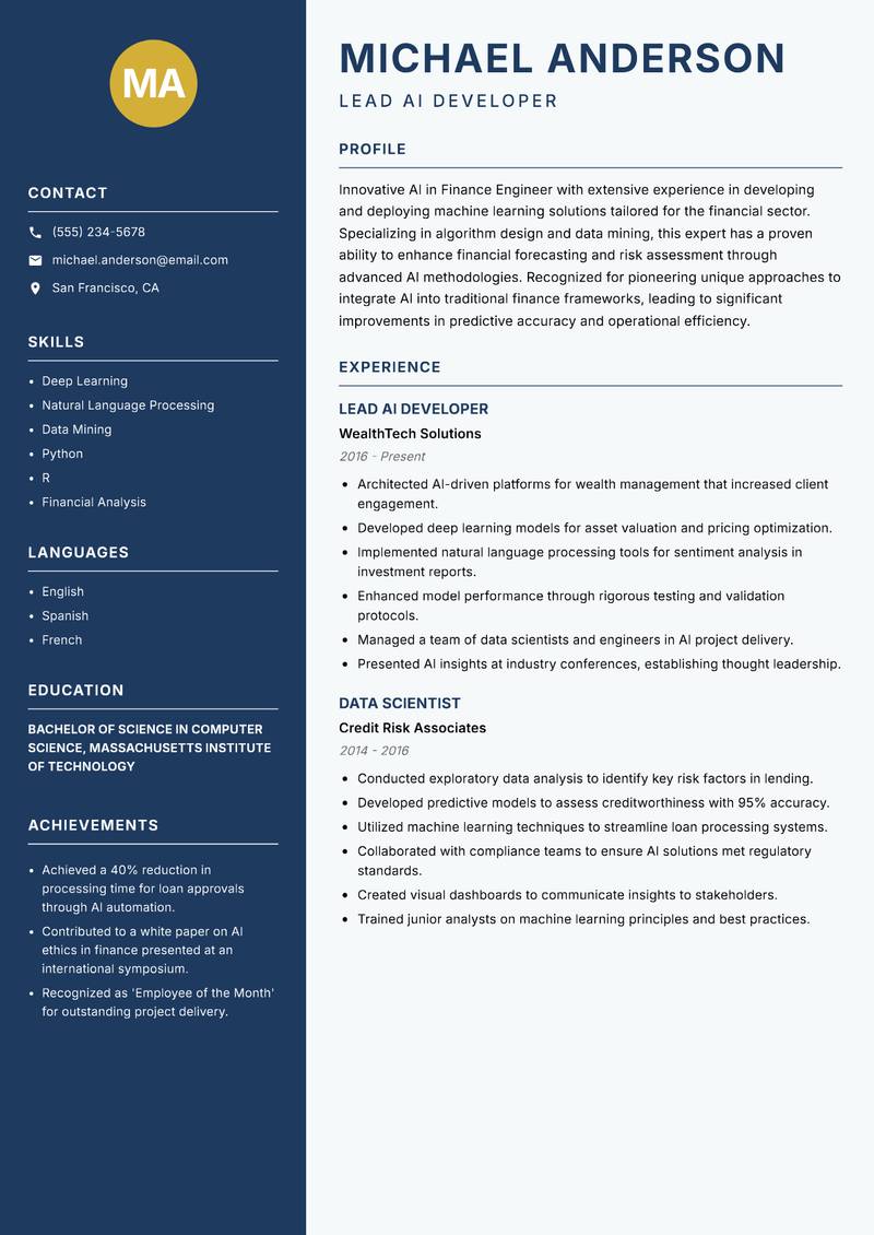 AI in Finance Engineer resume template — Classic Clean