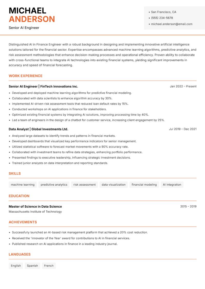AI in Finance Engineer resume template — Modern Professional