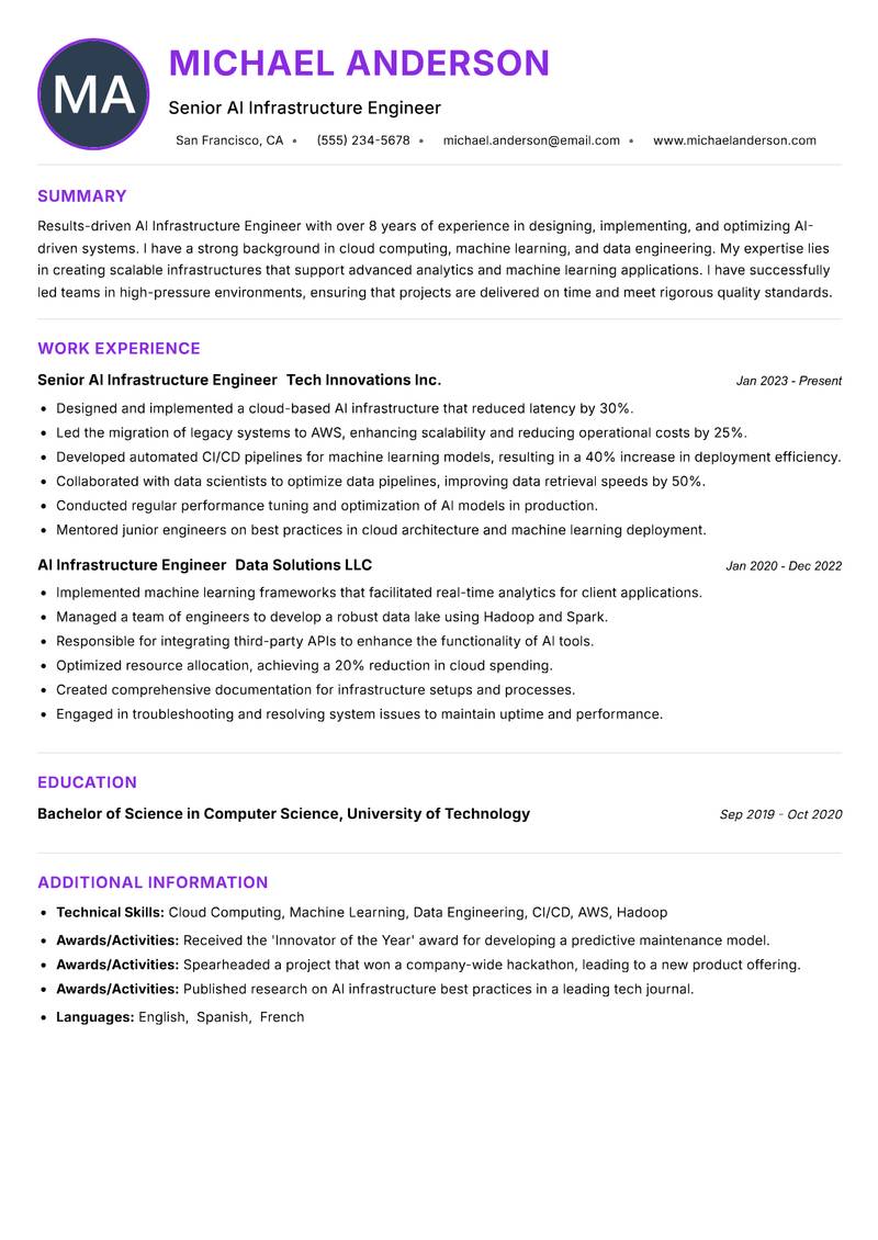 AI Infrastructure Engineer resume example — ATS-friendly template