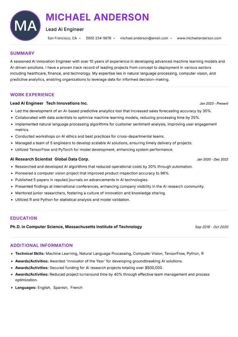 AI Innovation Engineer resume example — ATS-friendly template