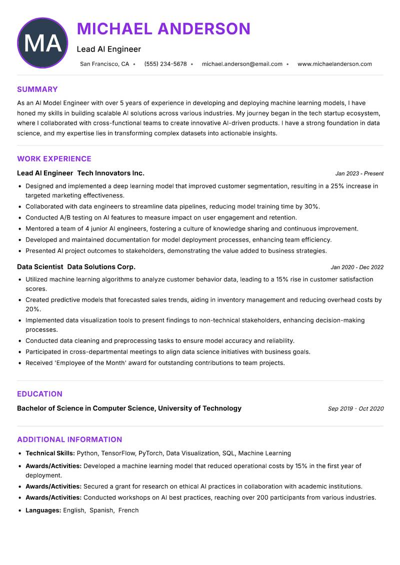 AI Model Engineer resume example — ATS-friendly template