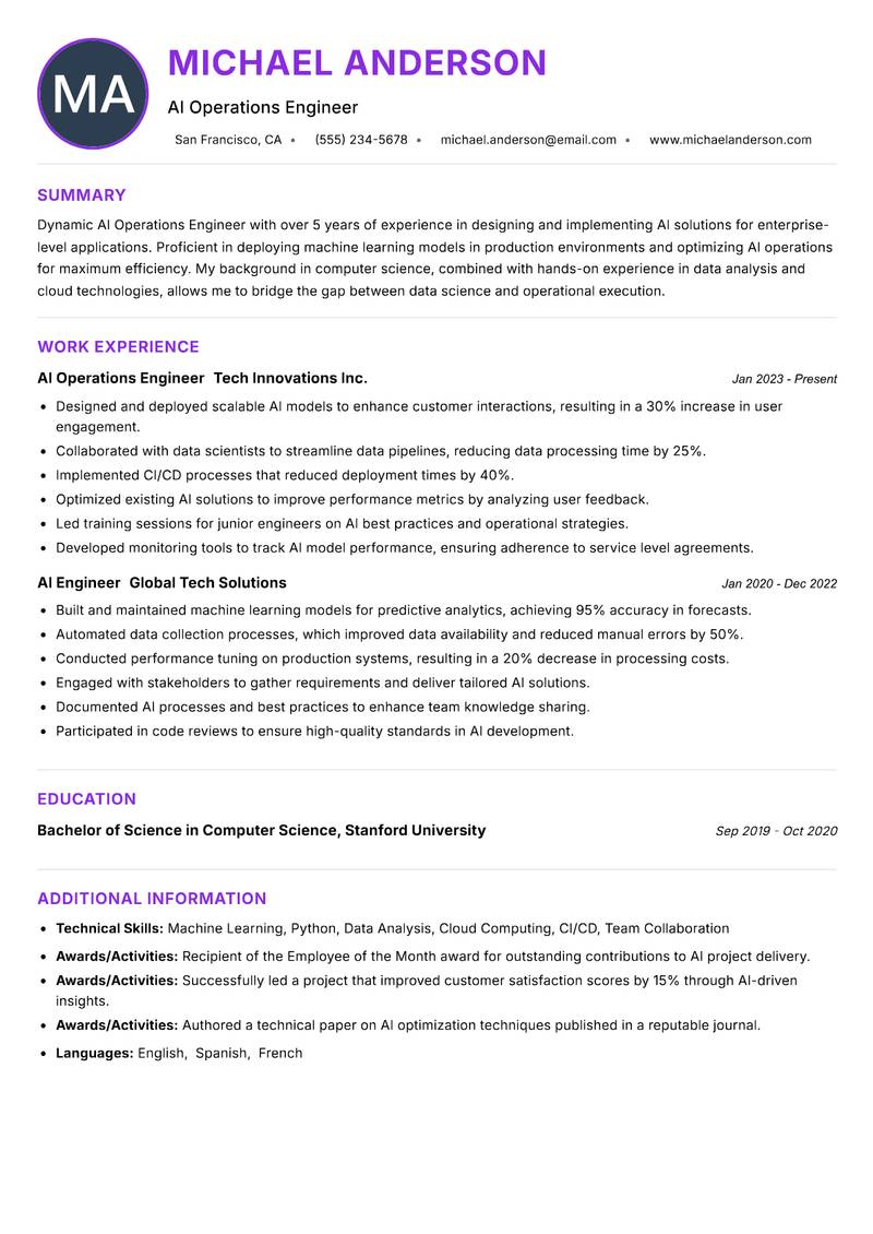 AI Operations Engineer resume example — ATS-friendly template
