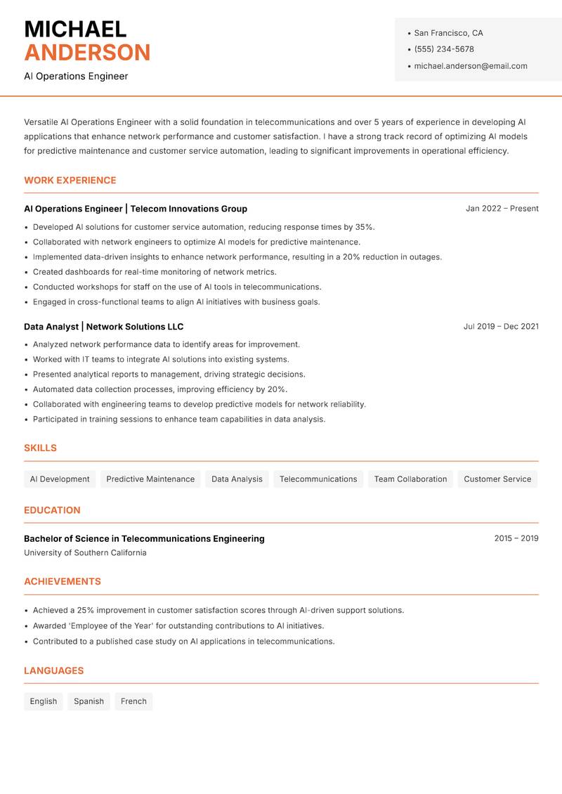 AI Operations Engineer resume template — Modern Professional