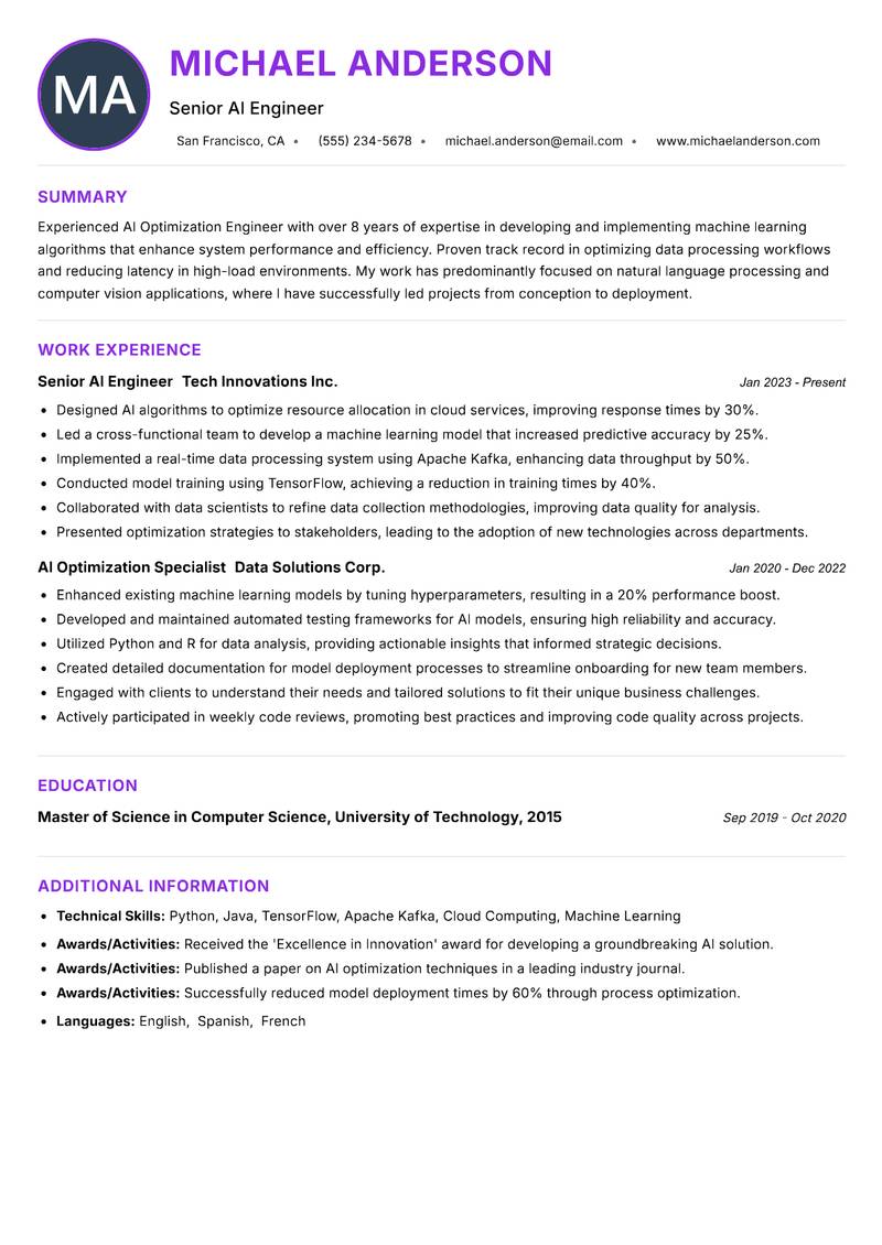 AI Optimization Engineer resume example — ATS-friendly template