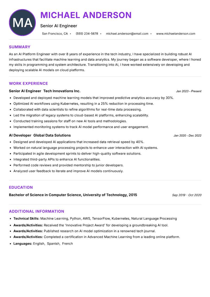 AI Platform Engineer resume example — ATS-friendly template