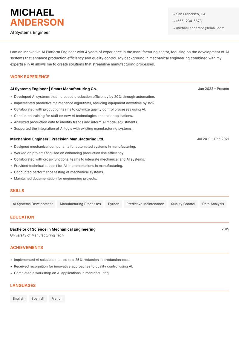 AI Platform Engineer resume template — Modern Professional