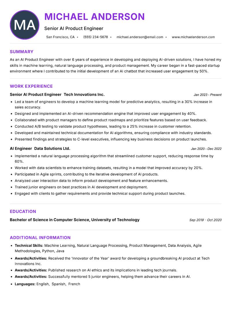 AI Product Engineer resume example — ATS-friendly template