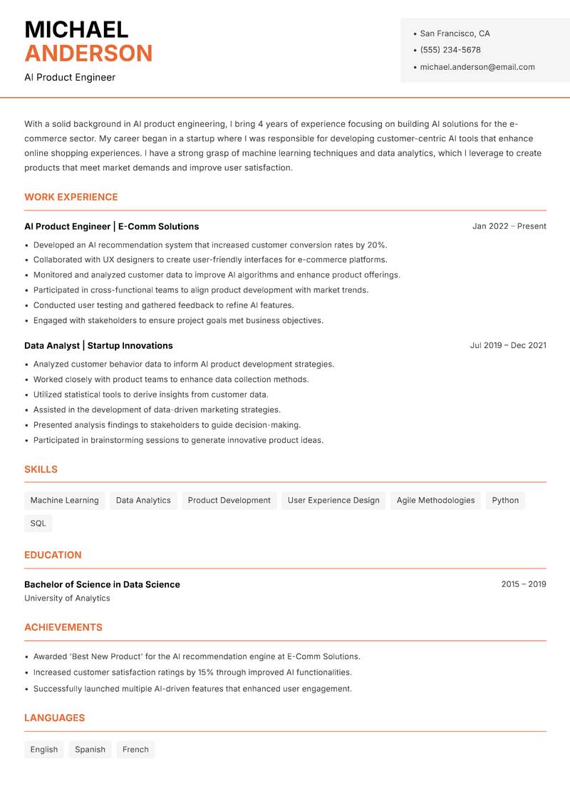 AI Product Engineer resume template — Modern Professional
