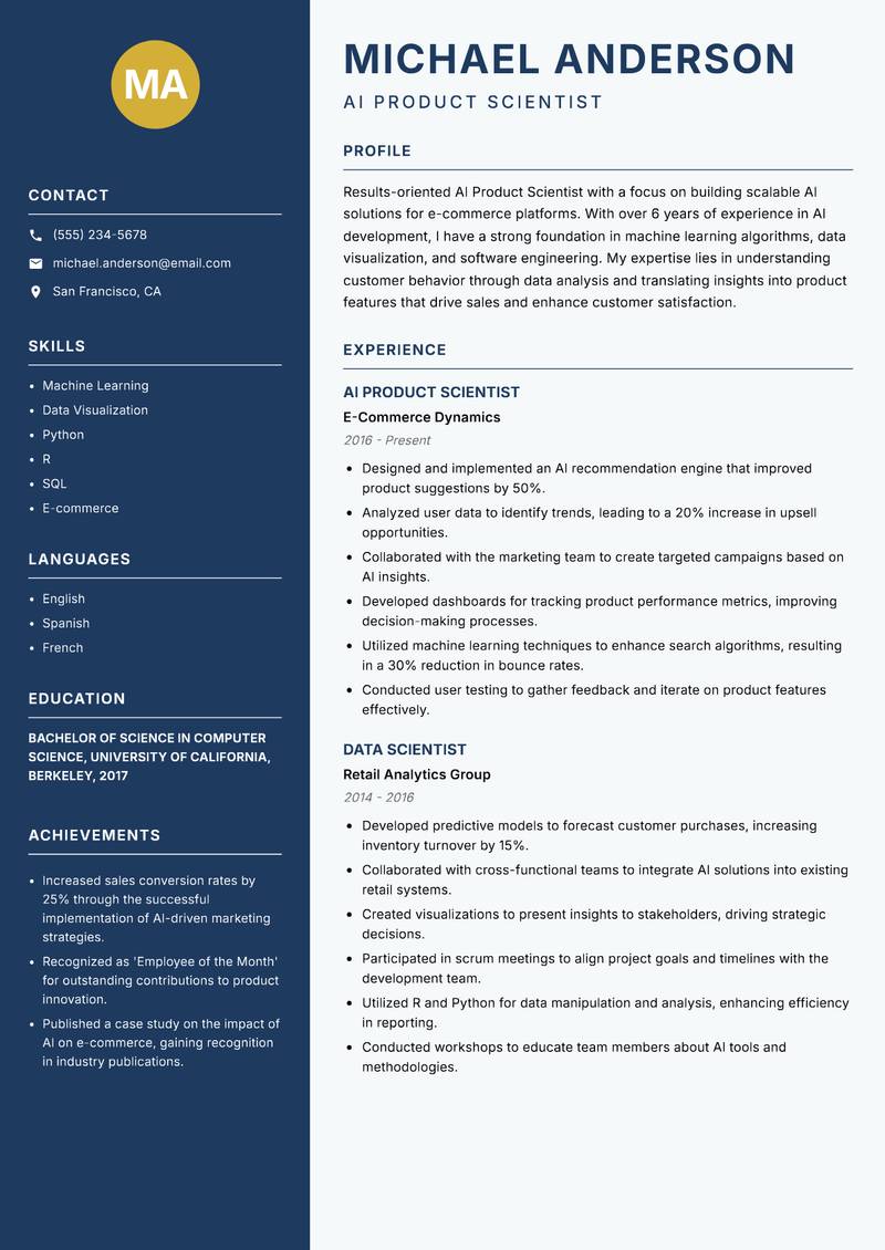 AI Product Scientist resume template — Classic Clean