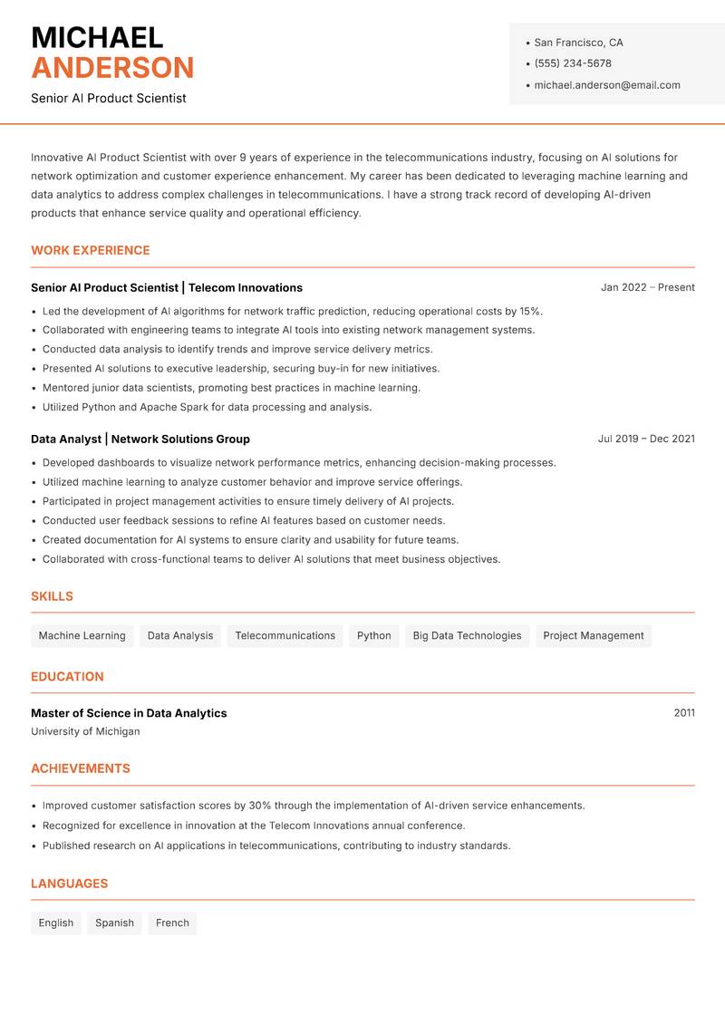 AI Product Scientist resume template — Modern Professional