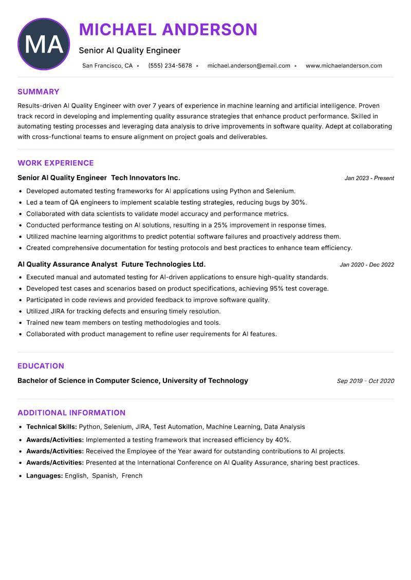 AI Quality Engineer resume example — ATS-friendly template