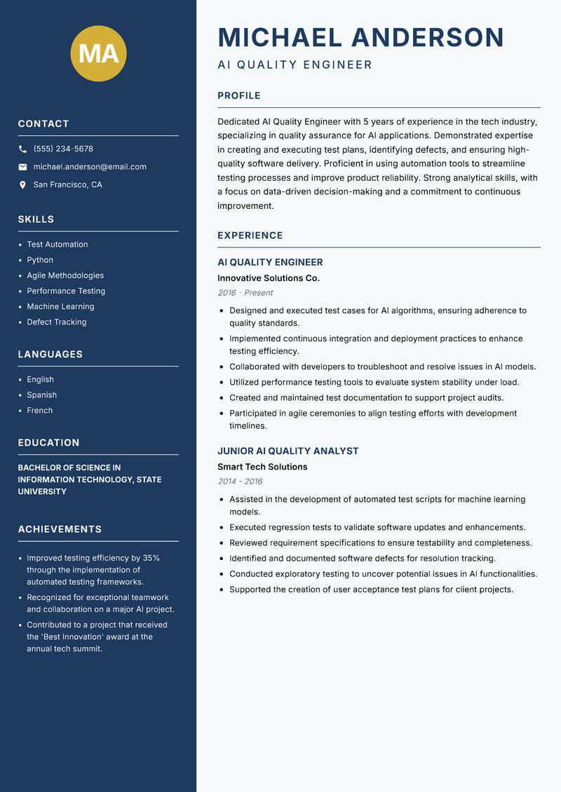 AI Quality Engineer resume template — Classic Clean