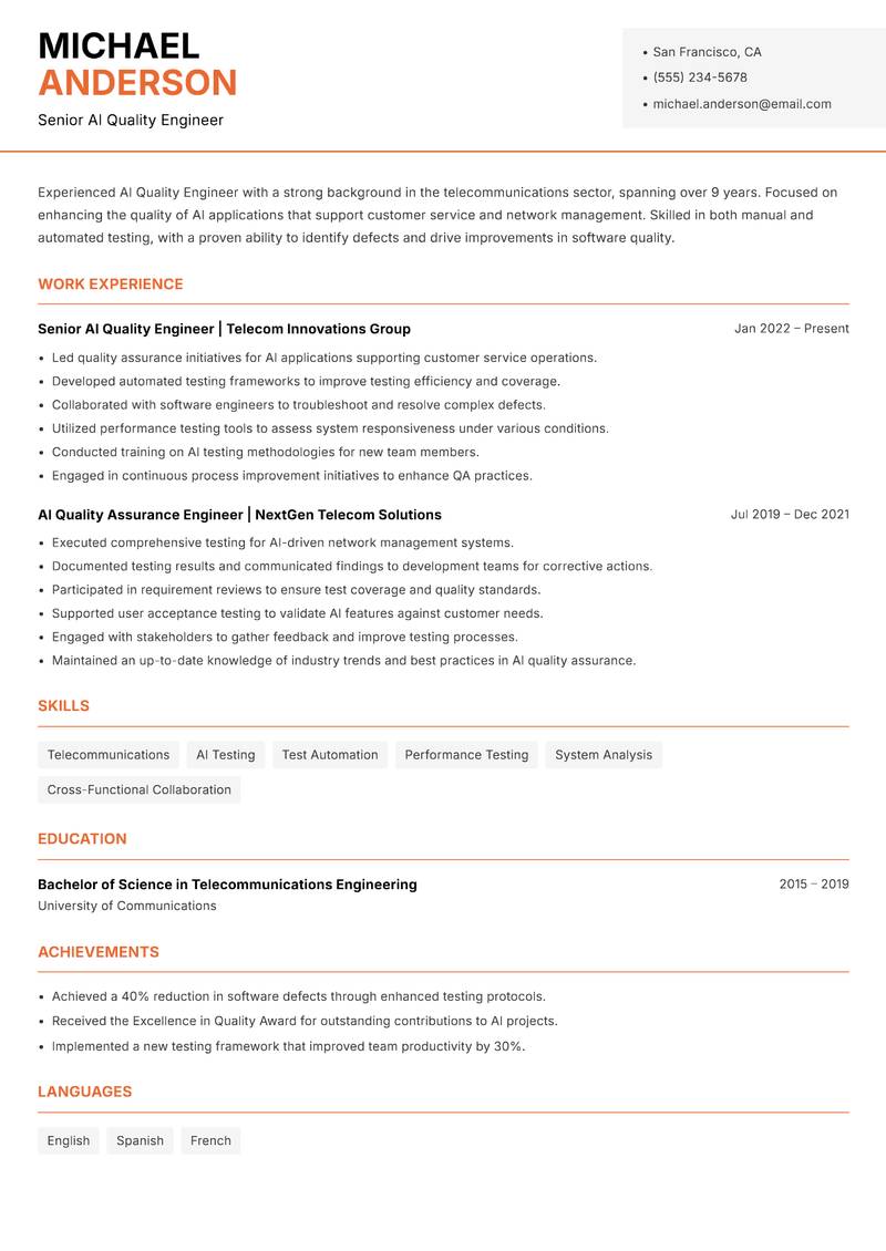 AI Quality Engineer resume template — Modern Professional