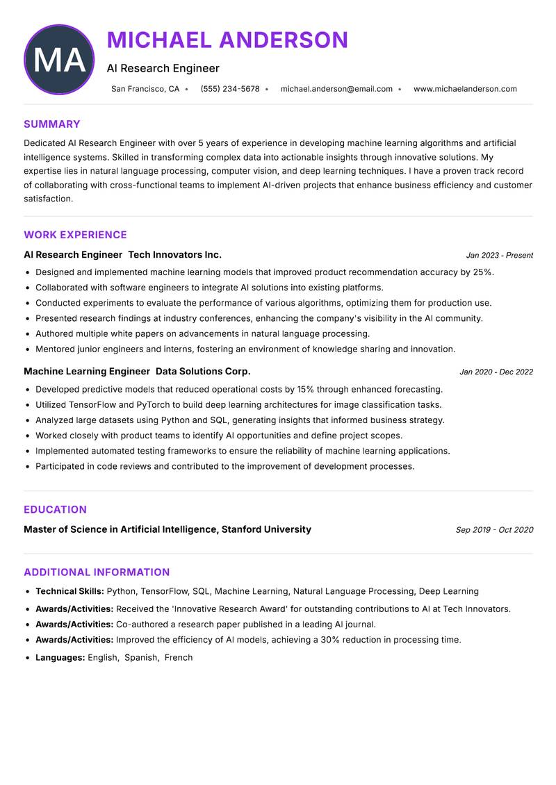 AI Research Engineer resume example — ATS-friendly template