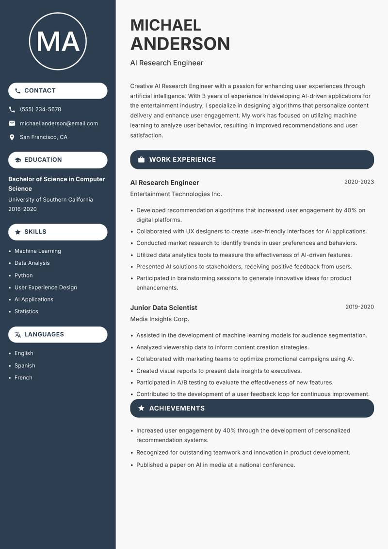 AI Research Engineer resume template — Compact