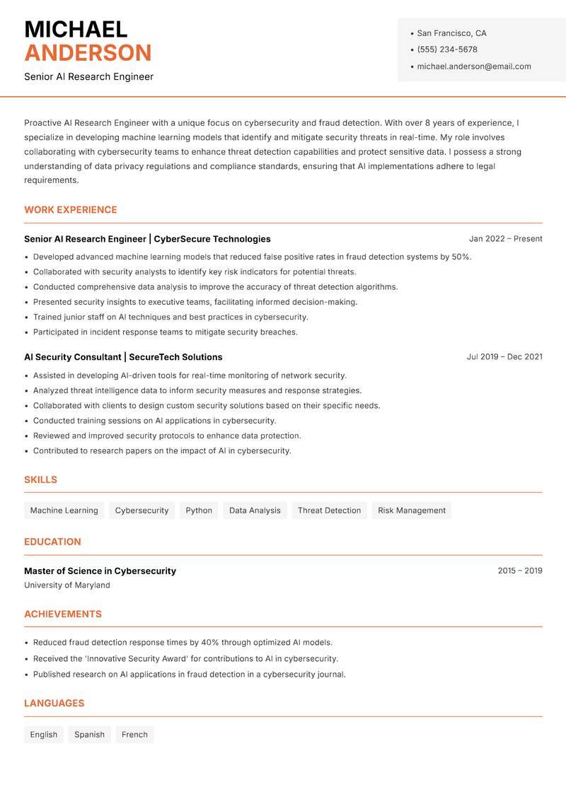 AI Research Engineer resume template — Modern Professional