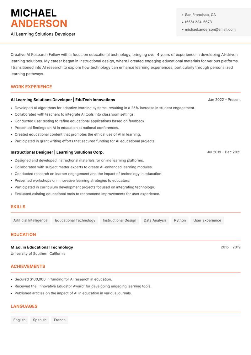 AI Research Fellow resume template — Modern Professional