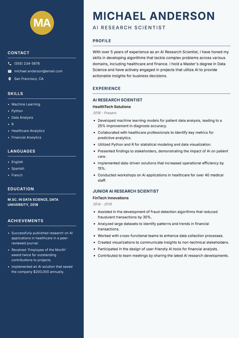 AI Research Scientist resume template — Classic Clean