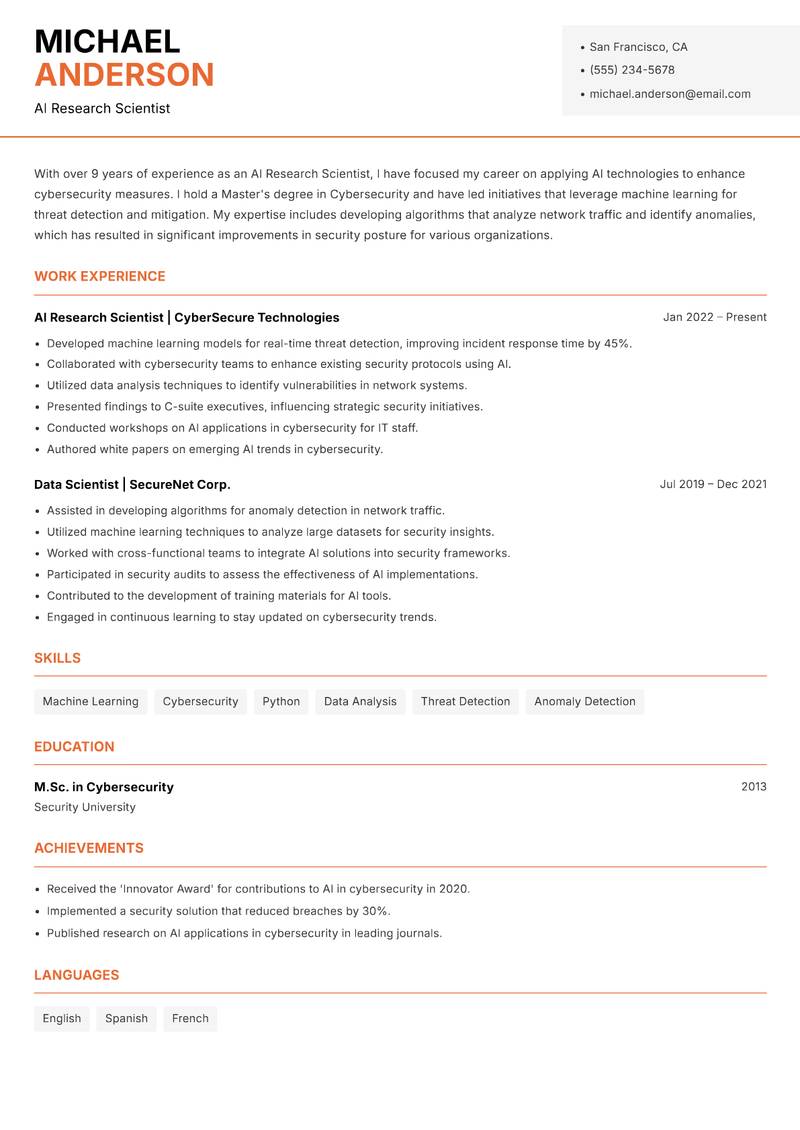 AI Research Scientist resume template — Modern Professional