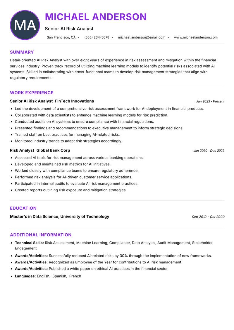 AI Risk Analyst resume example — ATS-friendly template