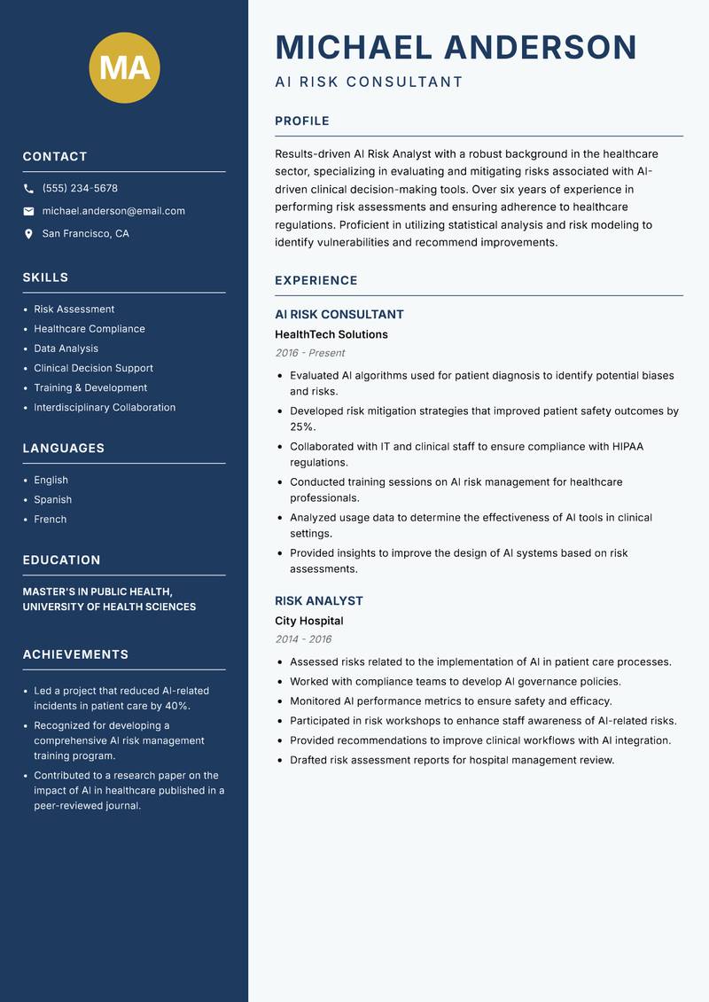 AI Risk Analyst resume template — Classic Clean