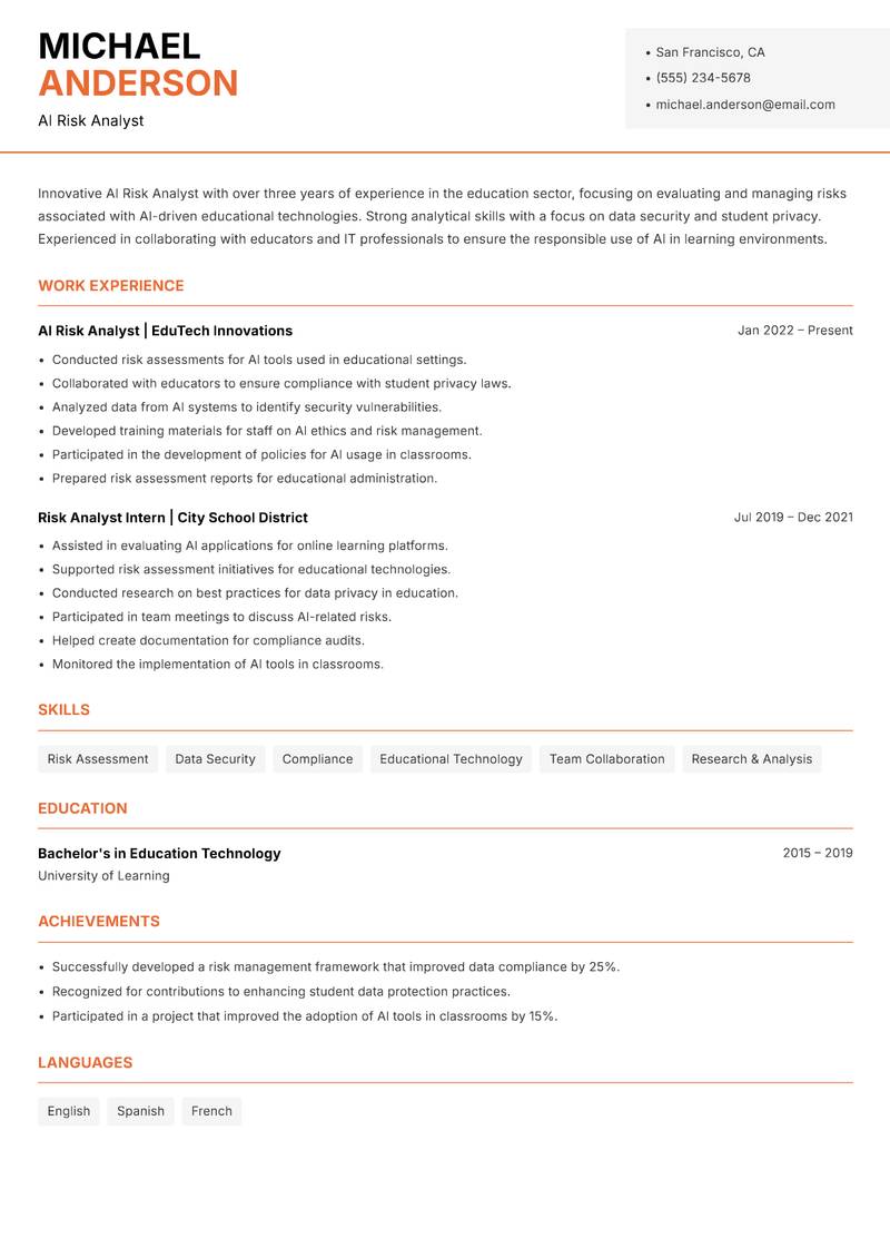 AI Risk Analyst resume template — Modern Professional