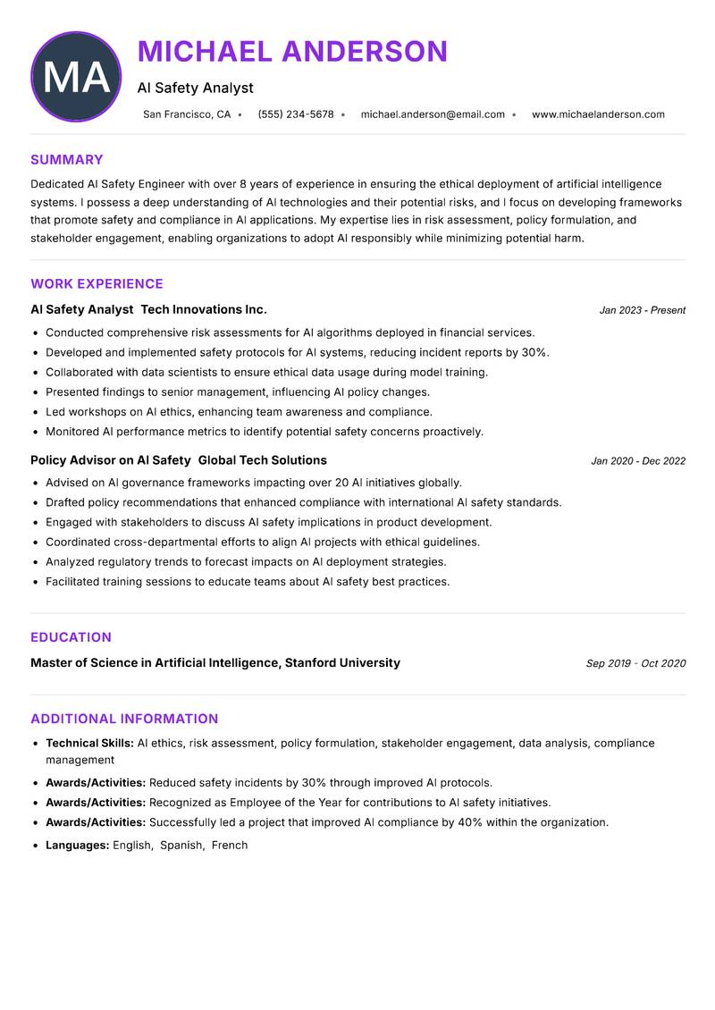 AI Safety Engineer resume example — ATS-friendly template