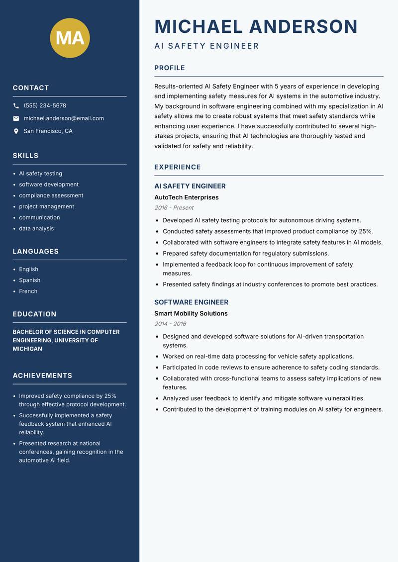 AI Safety Engineer resume template — Classic Clean