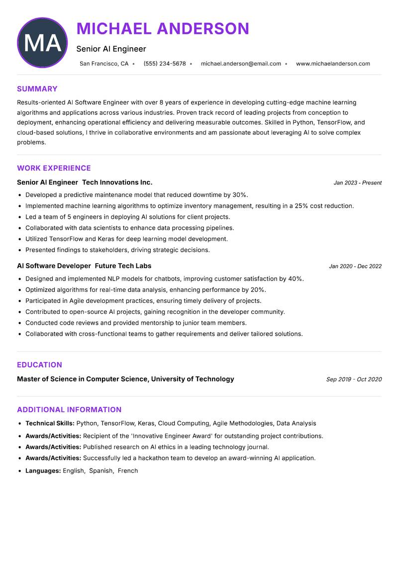 AI Software Engineer resume example — ATS-friendly template