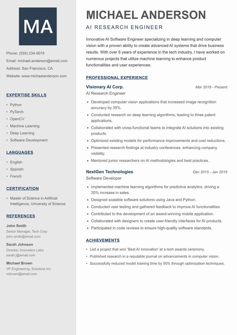 AI Software Engineer resume template — Creative Minimal