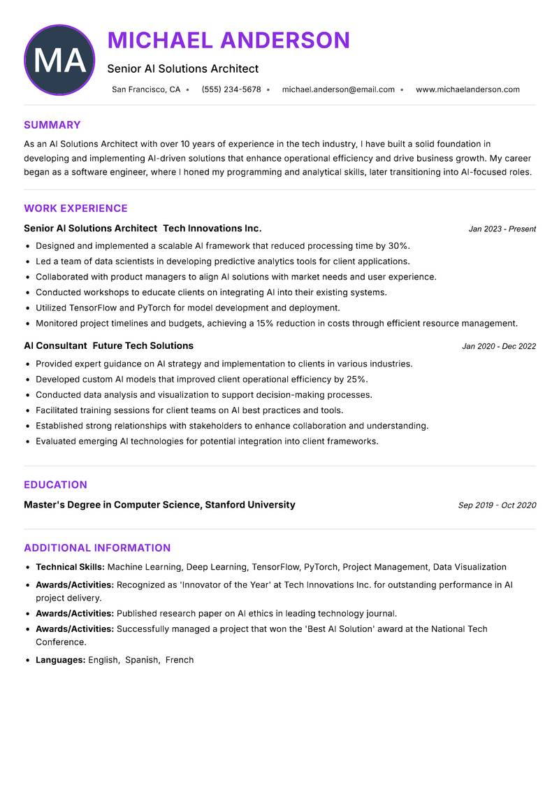 AI Solutions Architect resume example — ATS-friendly template