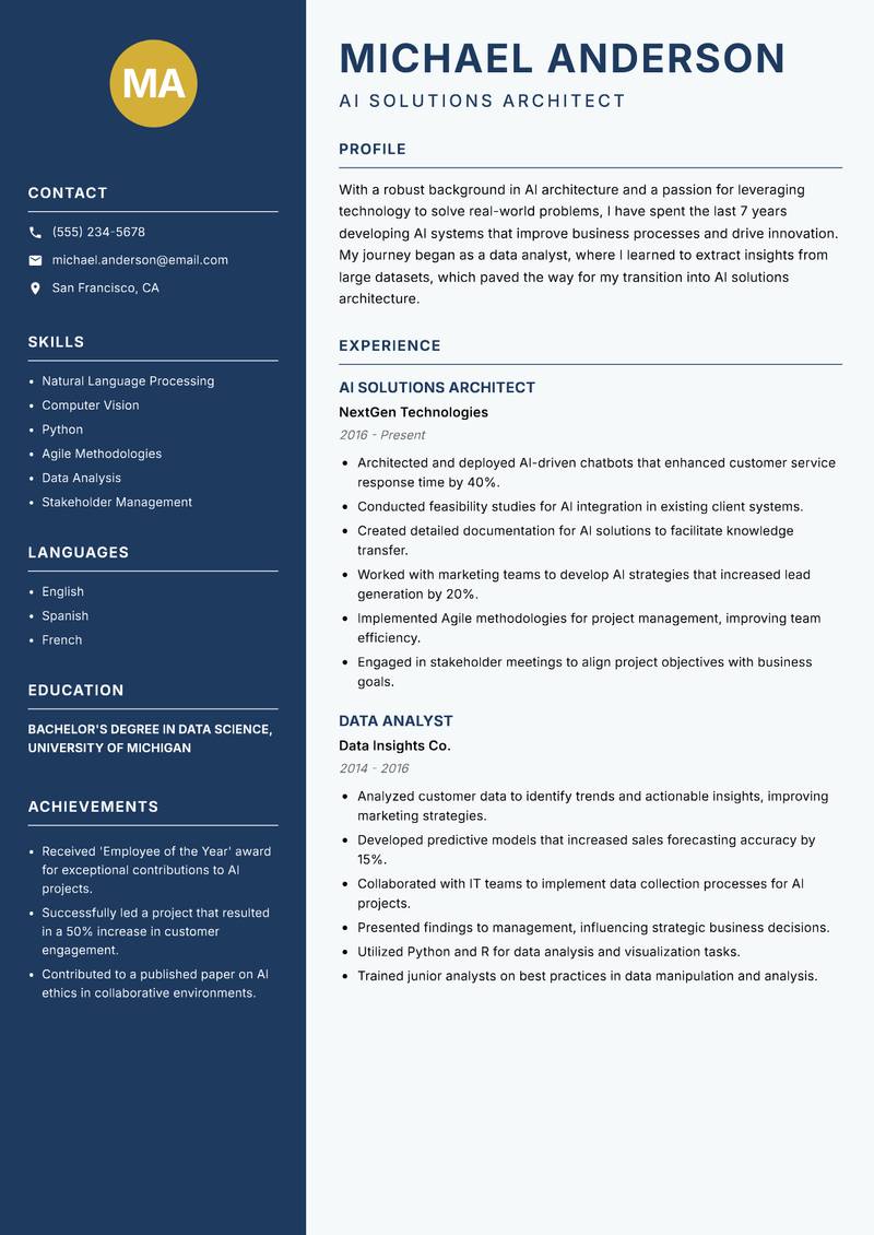 AI Solutions Architect resume template — Classic Clean