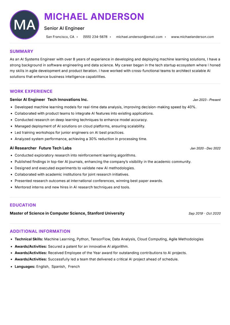 AI Systems Engineer resume example — ATS-friendly template