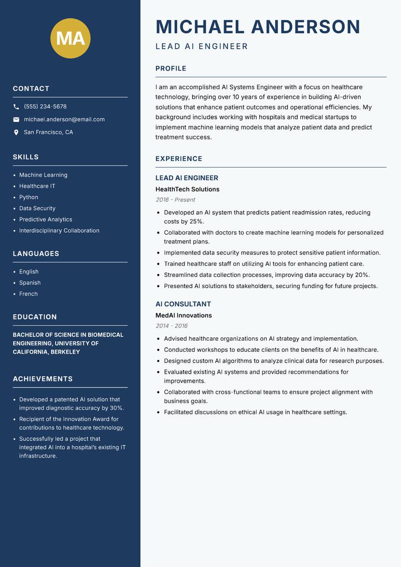 AI Systems Engineer resume template — Classic Clean