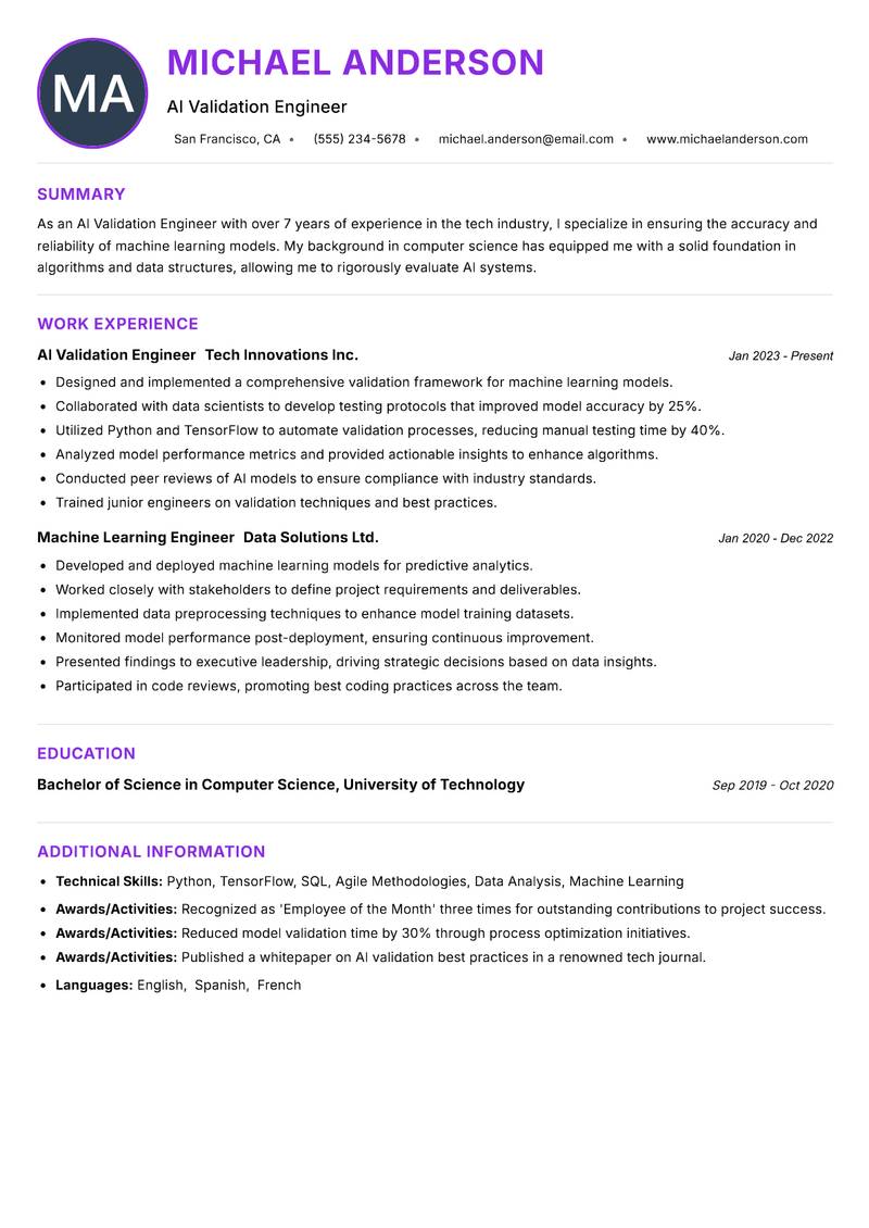 AI Validation Engineer resume example — ATS-friendly template
