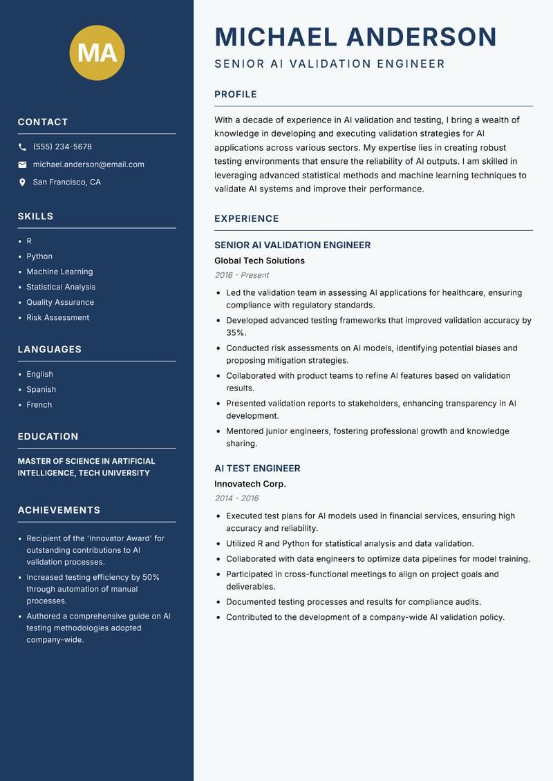 AI Validation Engineer resume template — Classic Clean