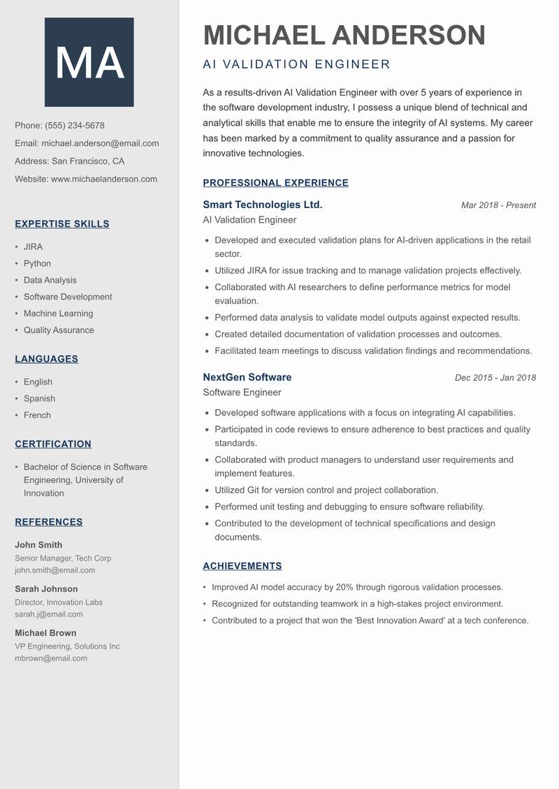 AI Validation Engineer resume template — Creative Minimal