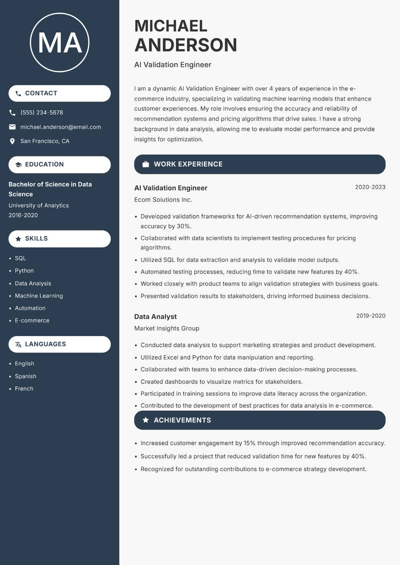 AI Validation Engineer resume template — Compact
