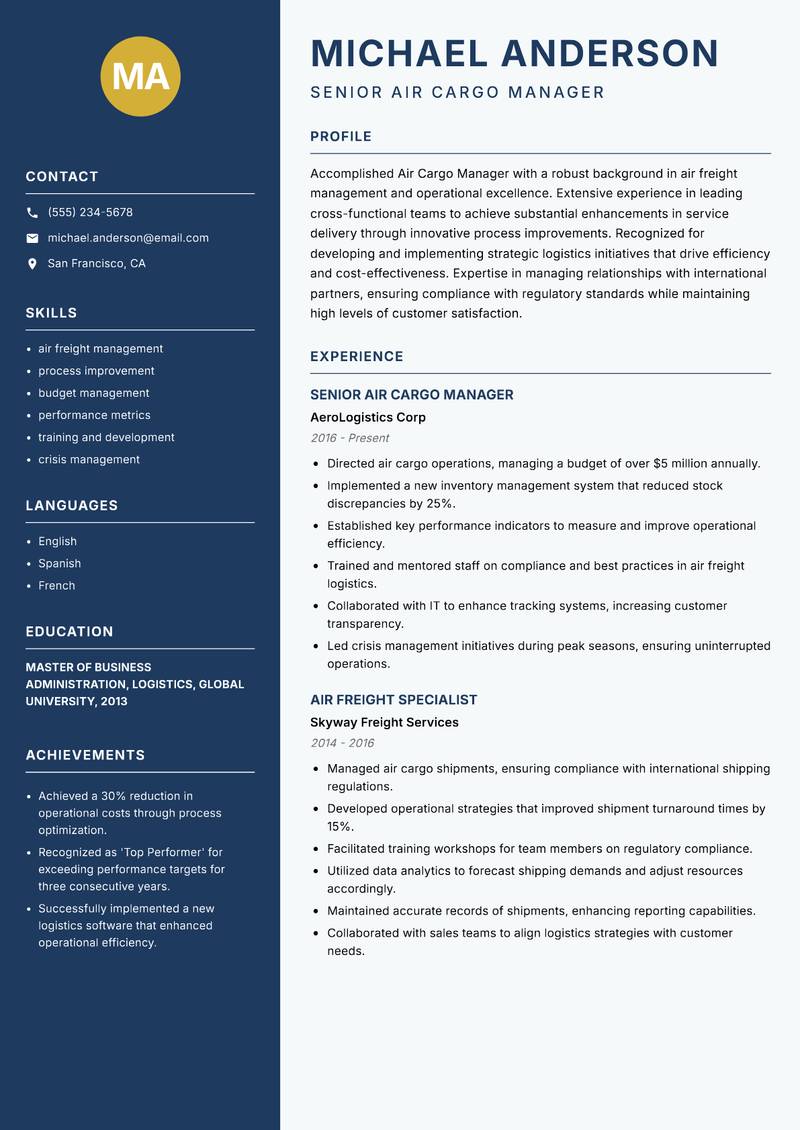 Air Cargo Manager resume template — Classic Clean