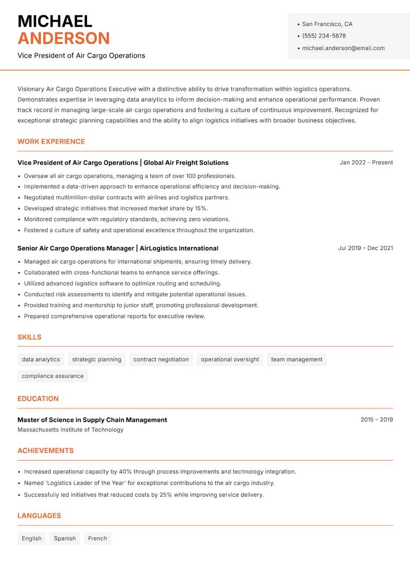 Air Cargo Operations Executive resume template — Modern Professional