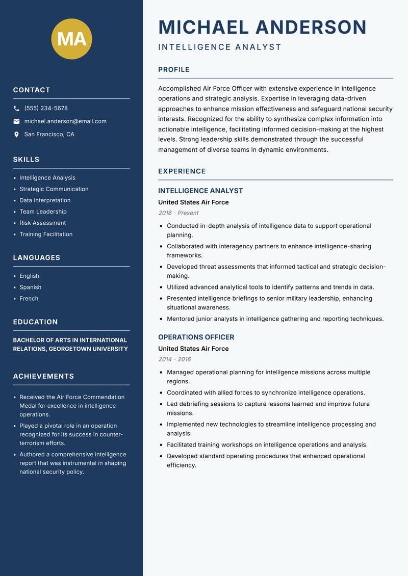 Air Force Officer resume template — Classic Clean