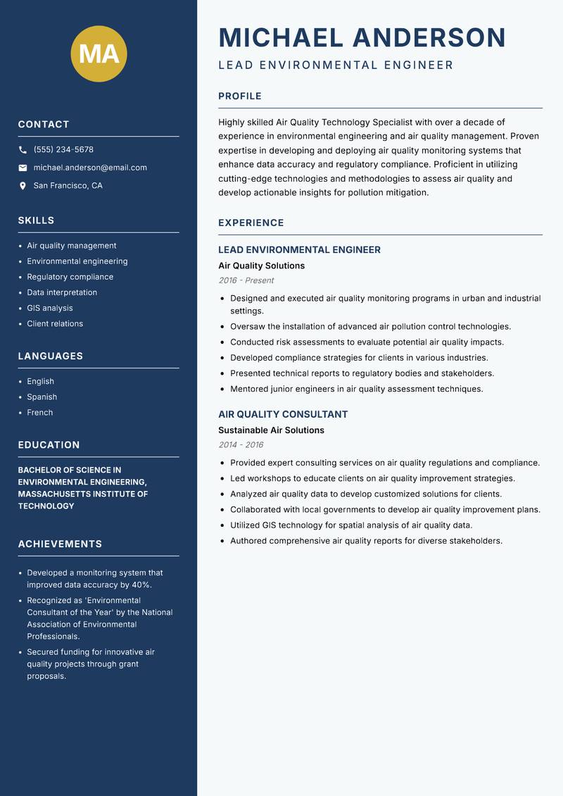 Air Quality Technology Specialist resume template — Classic Clean