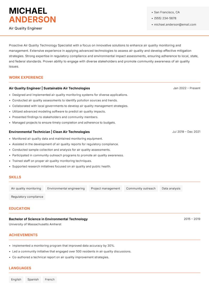 Air Quality Technology Specialist resume template — Modern Professional