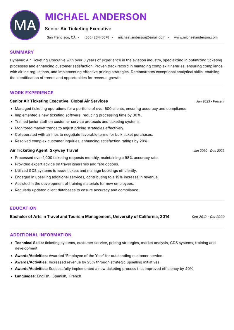 Air Ticketing Executive resume example — Travel Services
