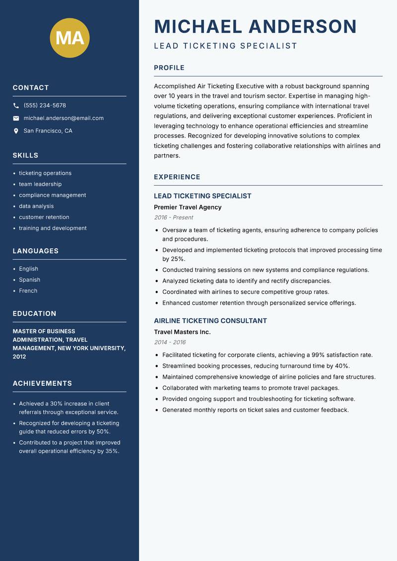 Air Ticketing Executive resume template — Classic Clean