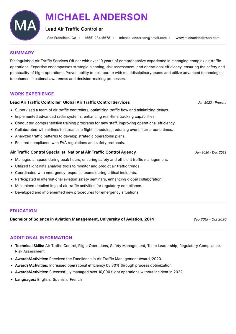 Air Traffic Services Officer resume example — ATS-friendly template