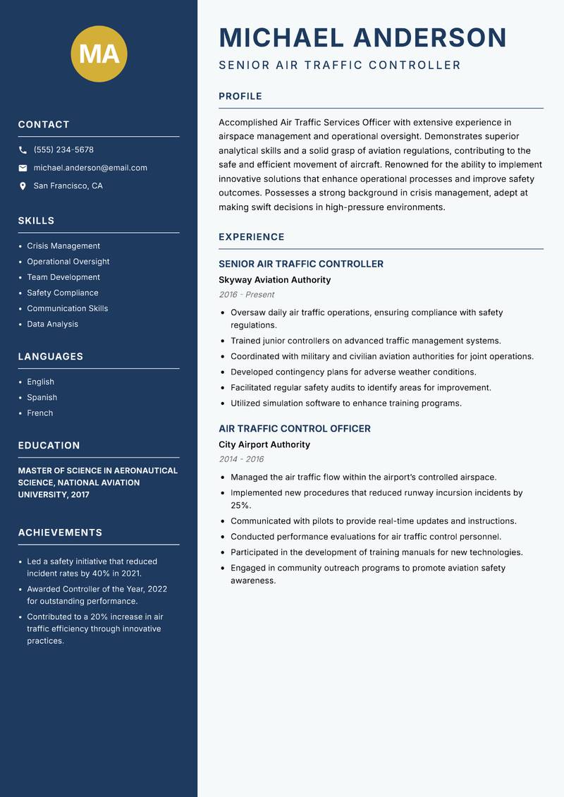 Air Traffic Services Officer resume template — Classic Clean